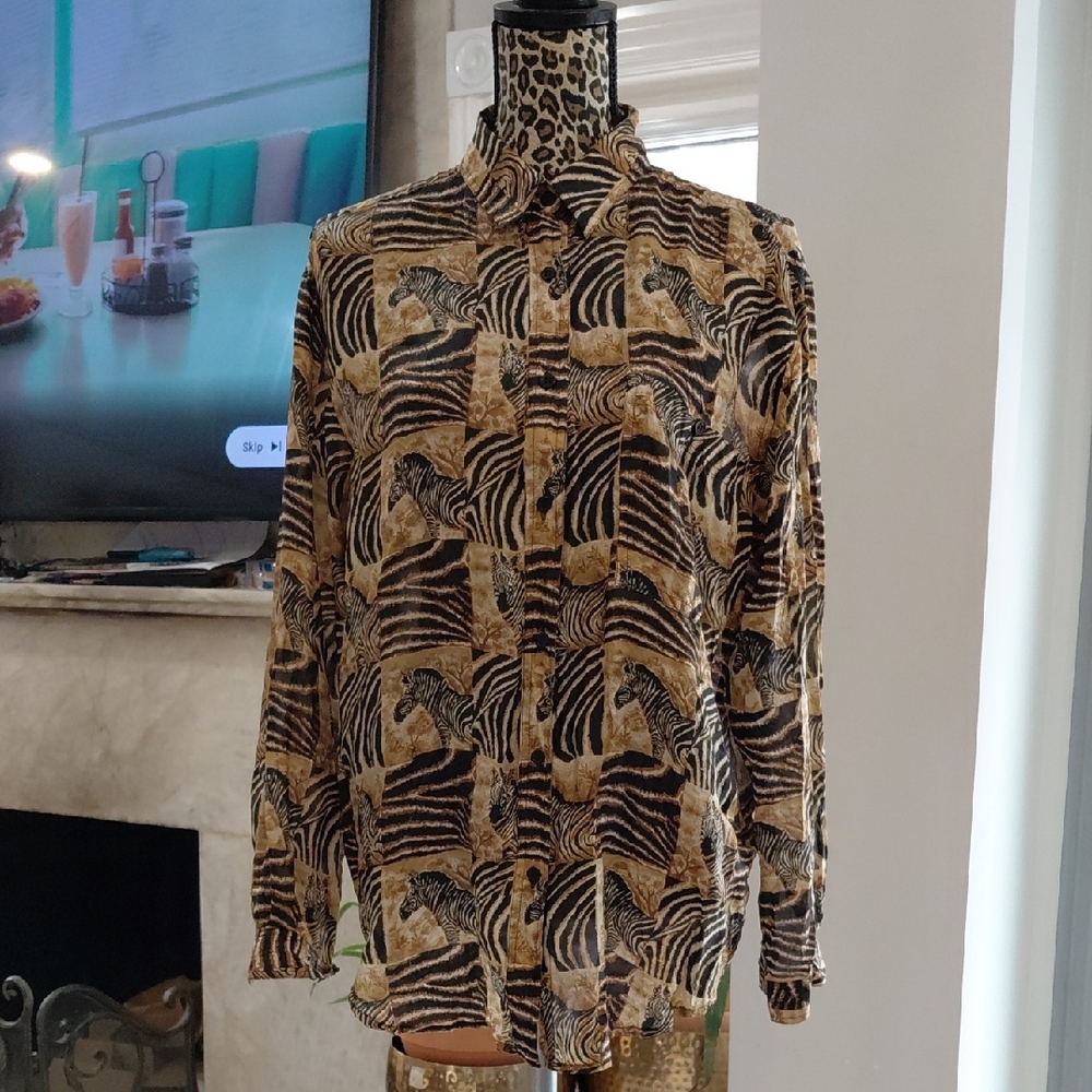 100% Silk Animal Print Button-Up Shirt